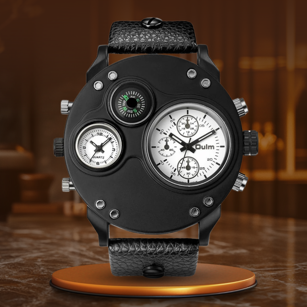 Black Leather Double Time Zone Quartz Watch