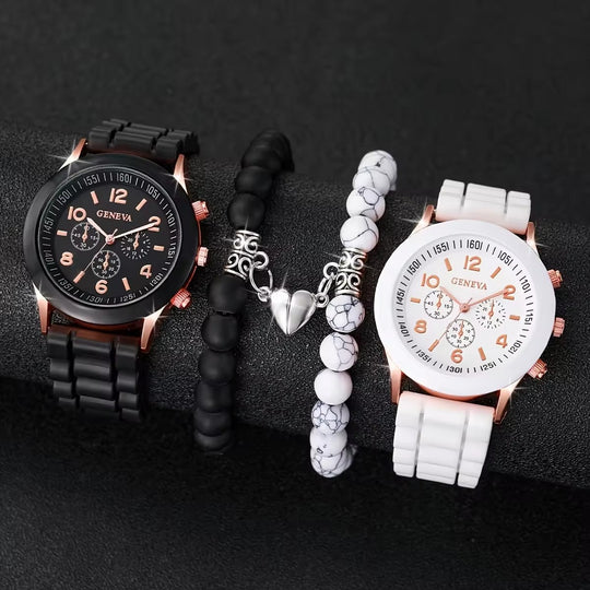 Classic Silicone Strap Quartz Watch & Bracelet Set