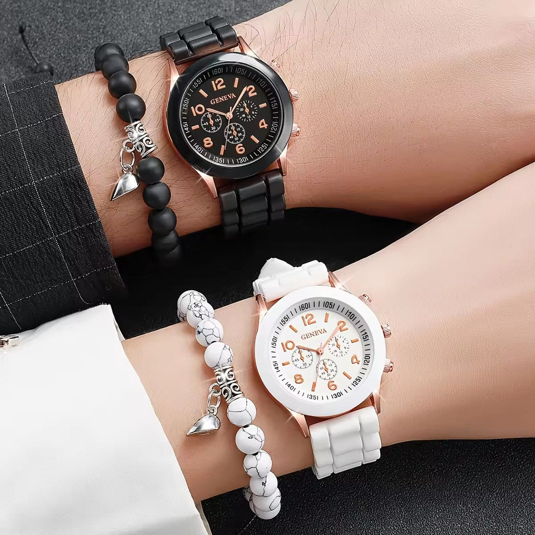 Classic Silicone Strap Quartz Watch & Bracelet Set