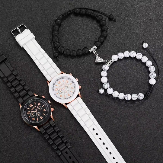 Classic Silicone Strap Quartz Watch & Bracelet Set