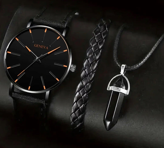 Luxury Leather Quartz Wristwatch & Bracelet Set