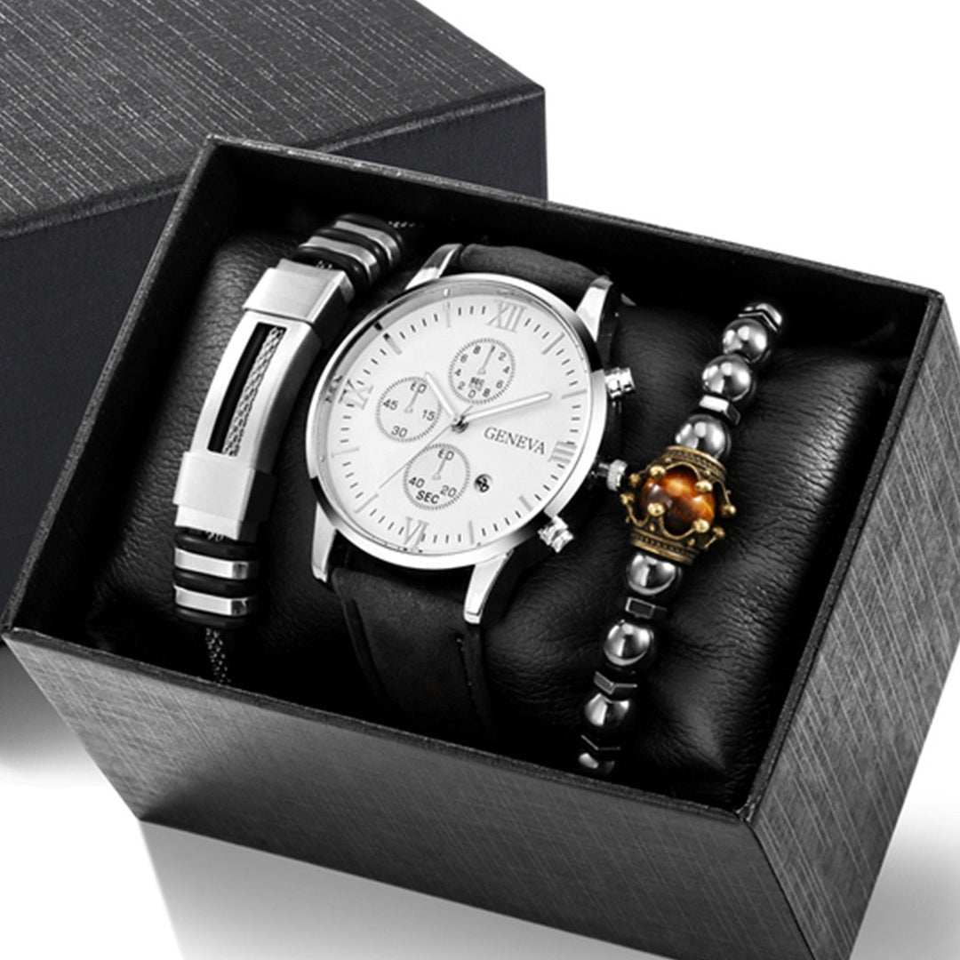 Signature Quartz Leather Watch & Bracelet Set