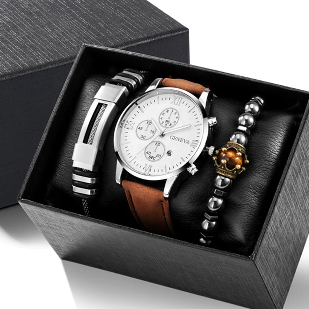 Signature Quartz Leather Watch & Bracelet Set